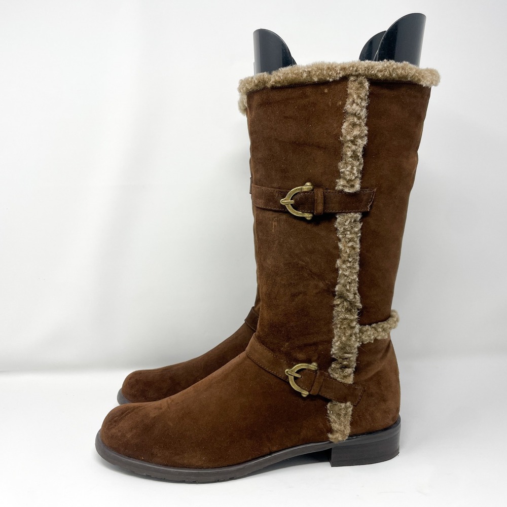 Stuart Weitzman Womens 7.5 Brown Suede Faux Fur Trim Tall Boots Boho Cozy Winter - Picture 4 of 9